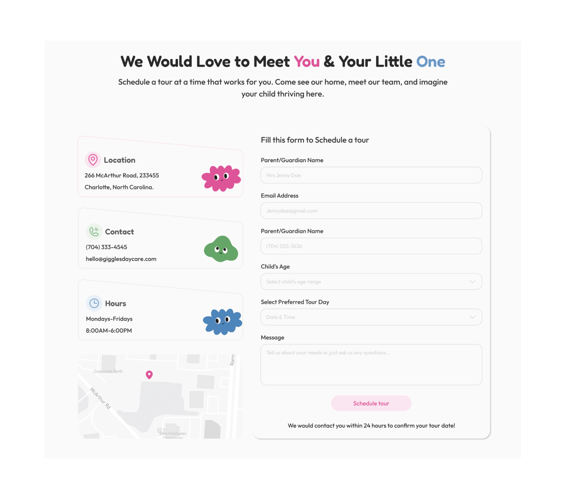 Giggles visual design — We Would Love to Meet You and Your Little One contact section with a schedule a tour form and location details